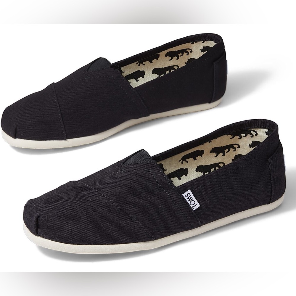 Toms Alpargata Black Canvas Slip-On Shoes with Printed Lining NWOT